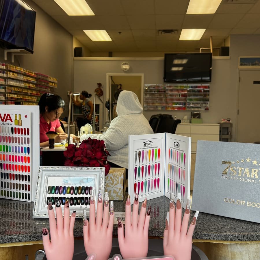 Front counter with nail color charts and nail art samples