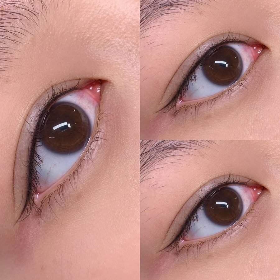 Permanent upper eyeliner shown in three close-ups of the eye