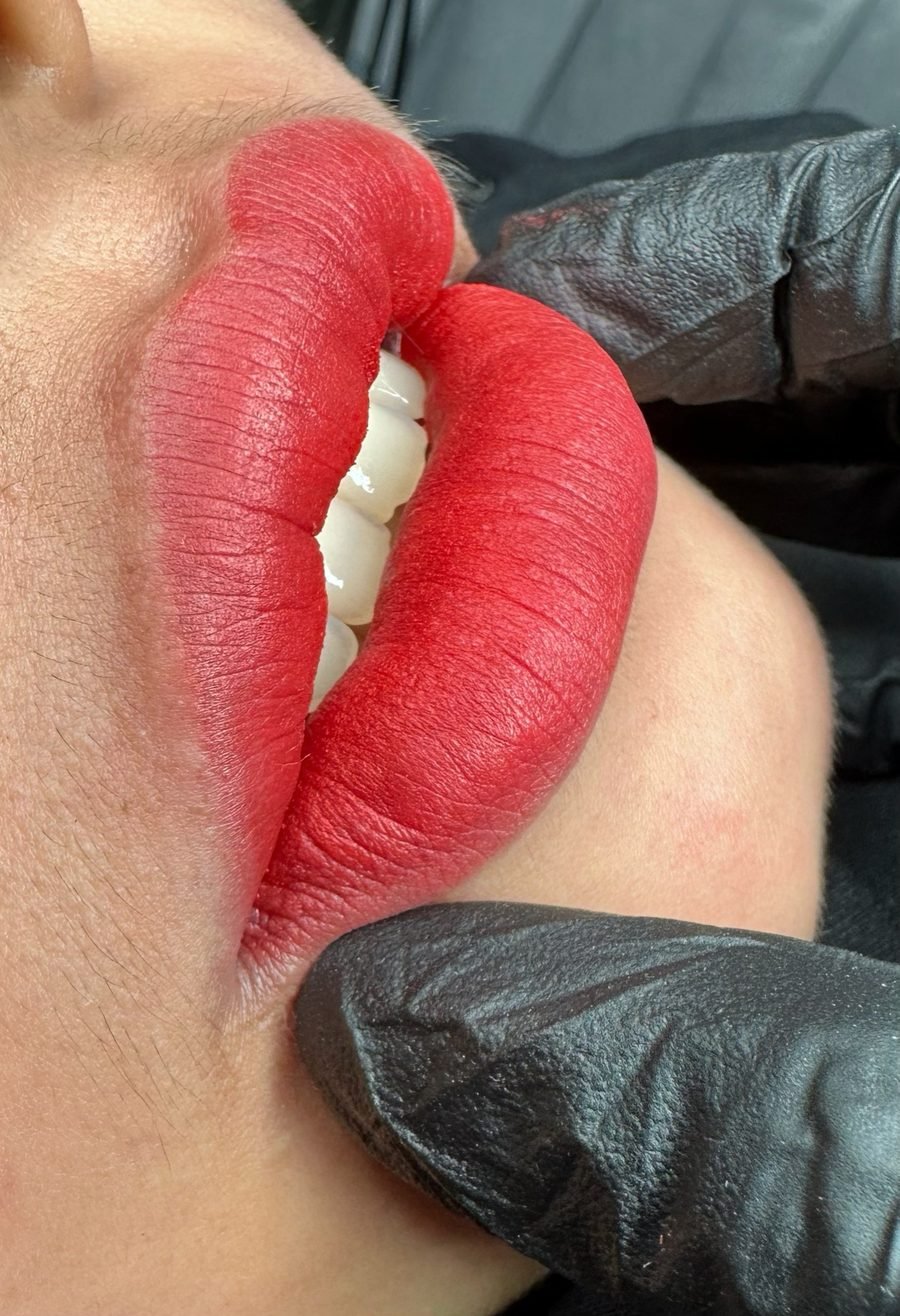 Close-up of lip blush color on a client's lips